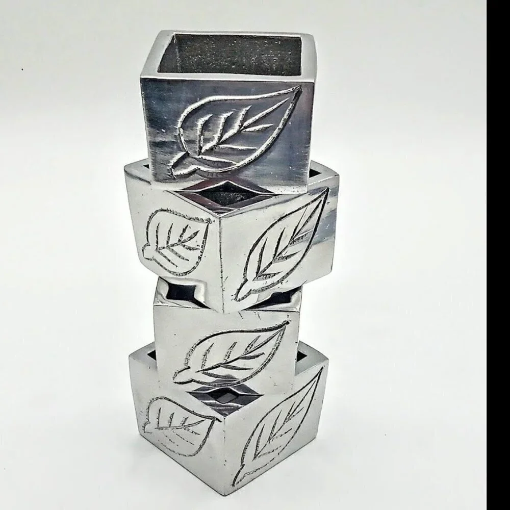 Pier 1 Silver Pewter Etched Leaves Square Napkin Rings